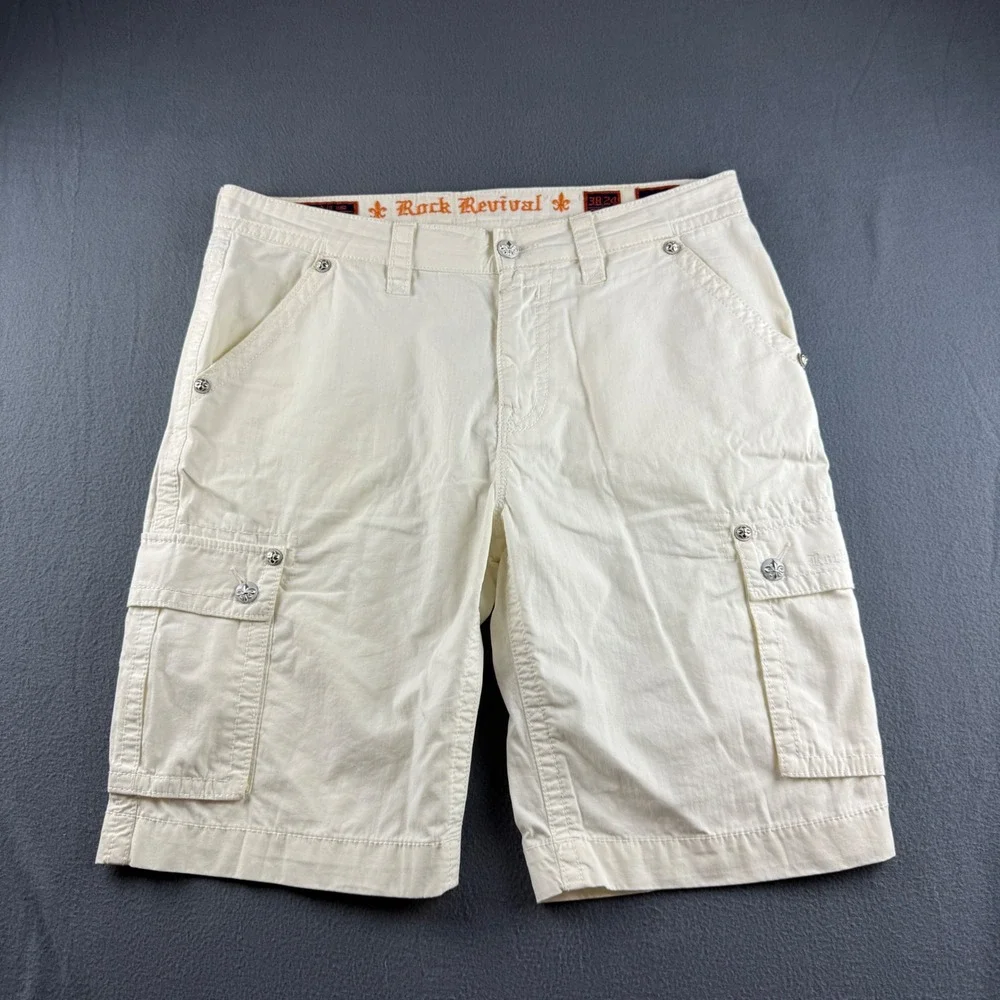 Rock Revival Shorts Men's 38 (Fits 40) White Cargo Slim Fit Embroidered Y2K